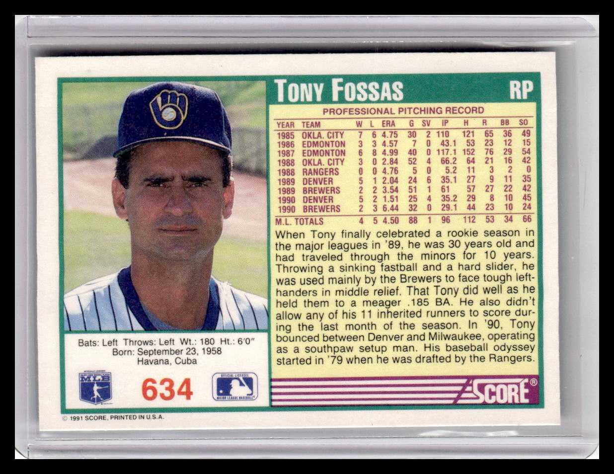 1991 Score Tony Fossas Teal Border #634
