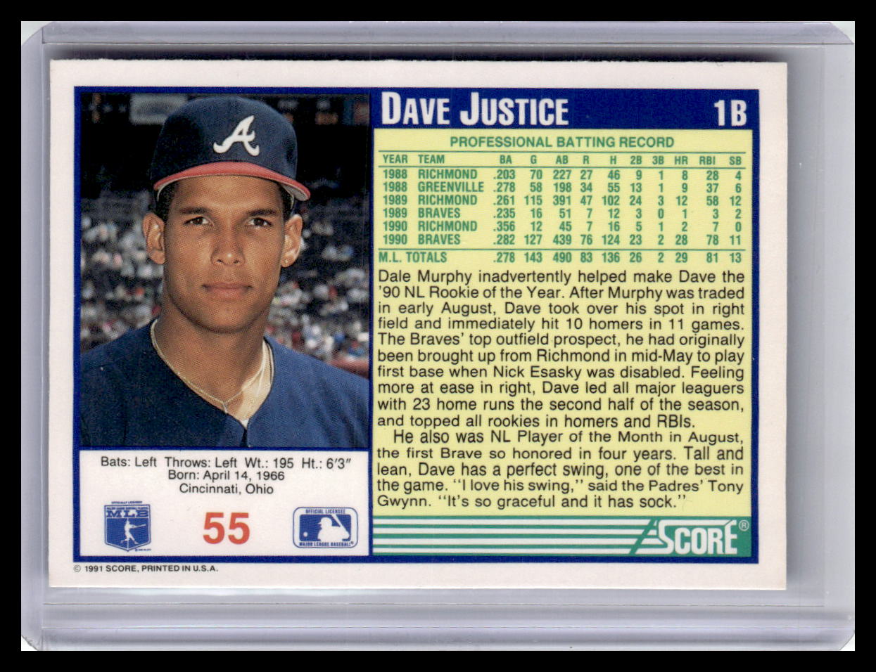 1991 Score Dave Justice Blue Border #55