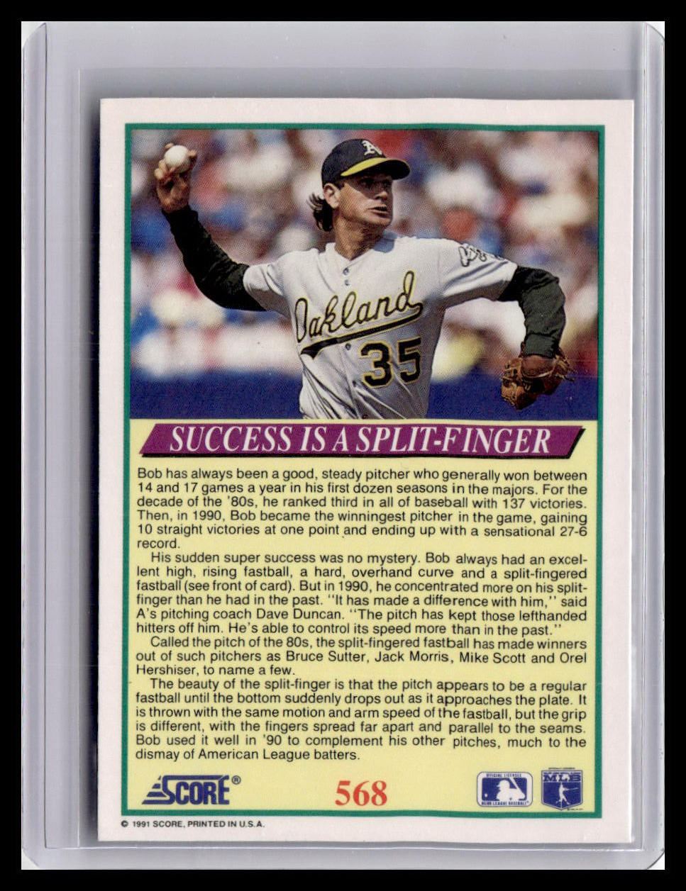 Baseball trading card featuring a player in an Oakland uniform with text about success being a split-finger.