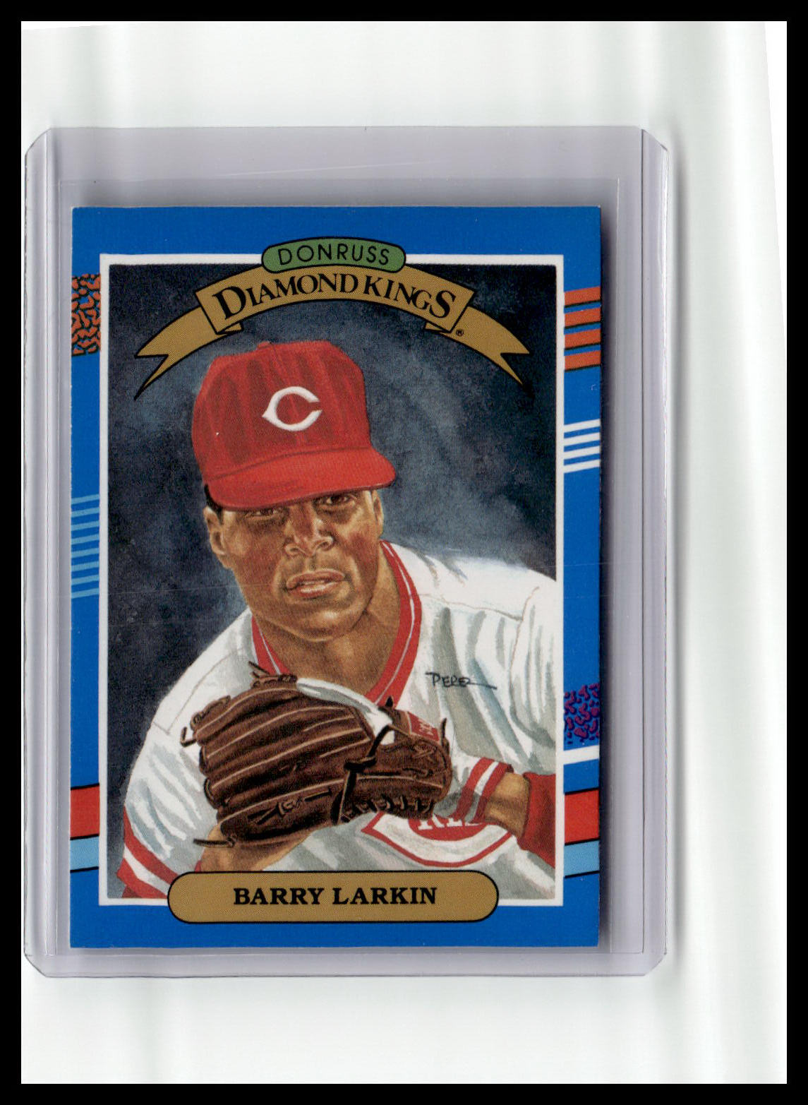 Baseball trading card of Barry Larkin with Cincinnati Reds uniform on a white background