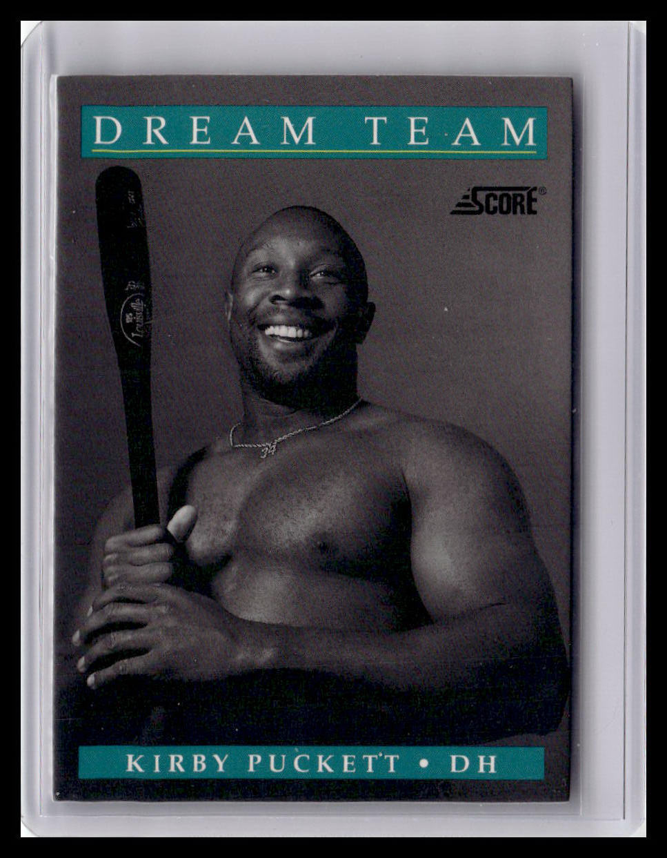 Baseball card of Kirby Puckett holding a bat with 'Dream Team' and 'Score' branding.