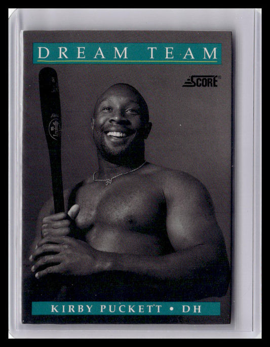 Baseball card of Kirby Puckett holding a bat with 'Dream Team' and 'Score' branding.