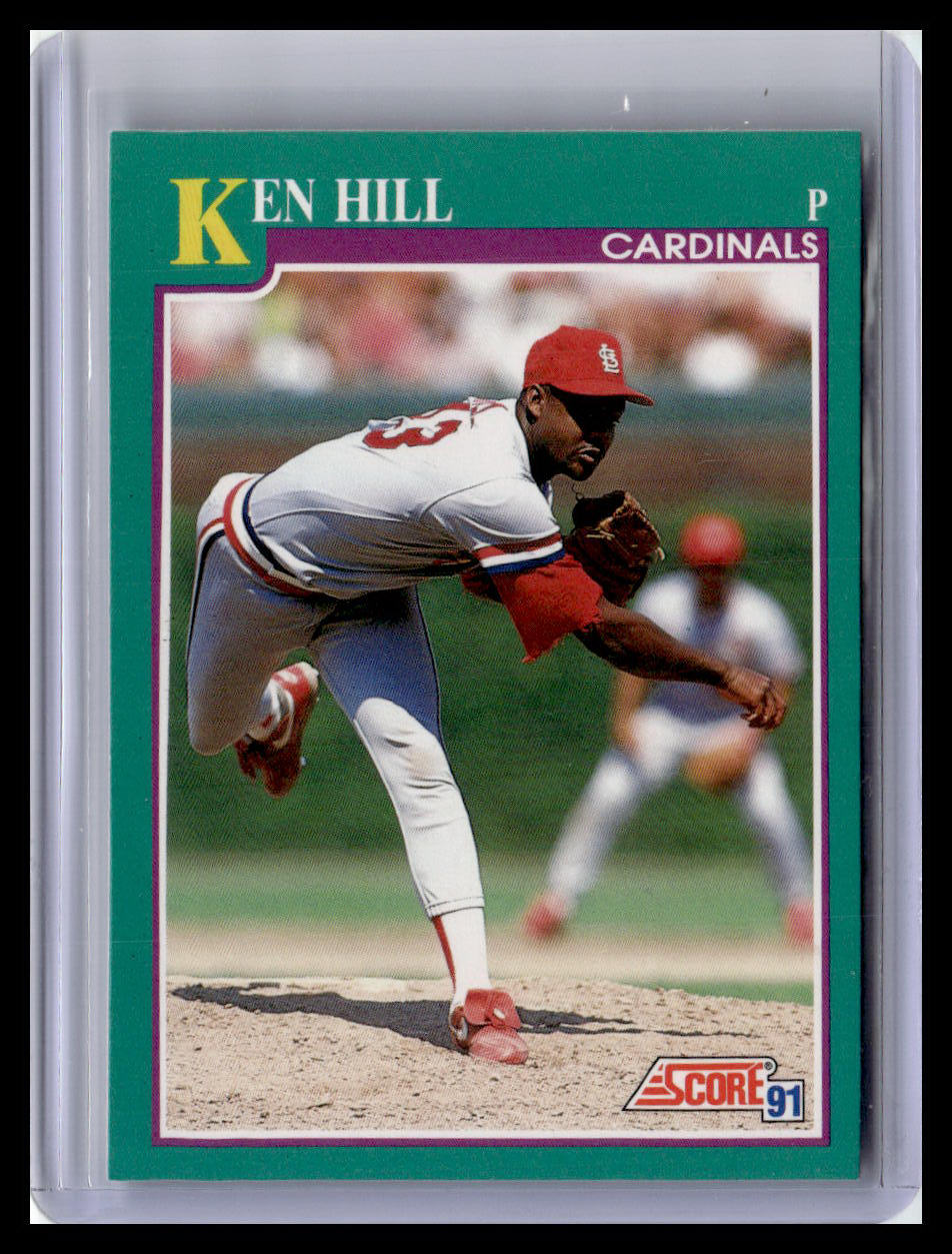 Baseball trading card of Ken Hill with St. Louis Cardinals uniform, featuring a green border and Score logo.