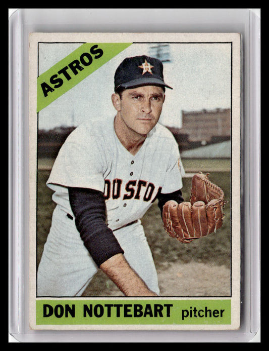 Baseball trading card of Don Nottebart, a pitcher for the Astros, held in a protective case.
