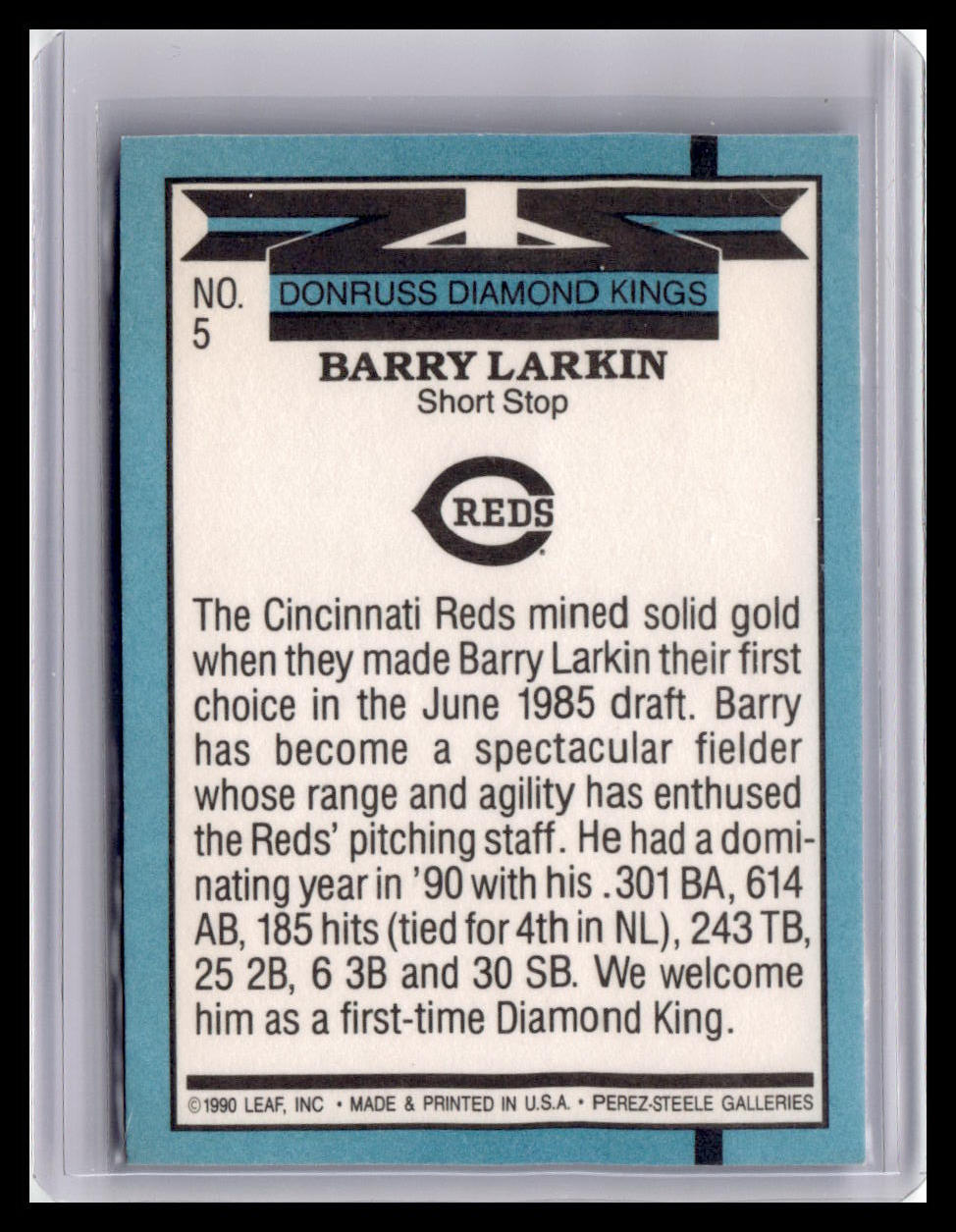 Baseball trading card featuring Barry Larkin with text and branding