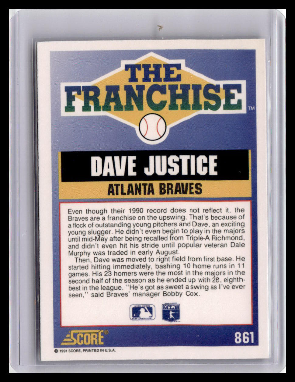 Baseball trading card featuring Dave Justice of the Atlanta Braves from 'The Franchise' series.