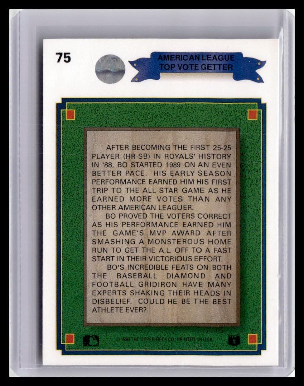 Baseball card with text and green border in a protective case