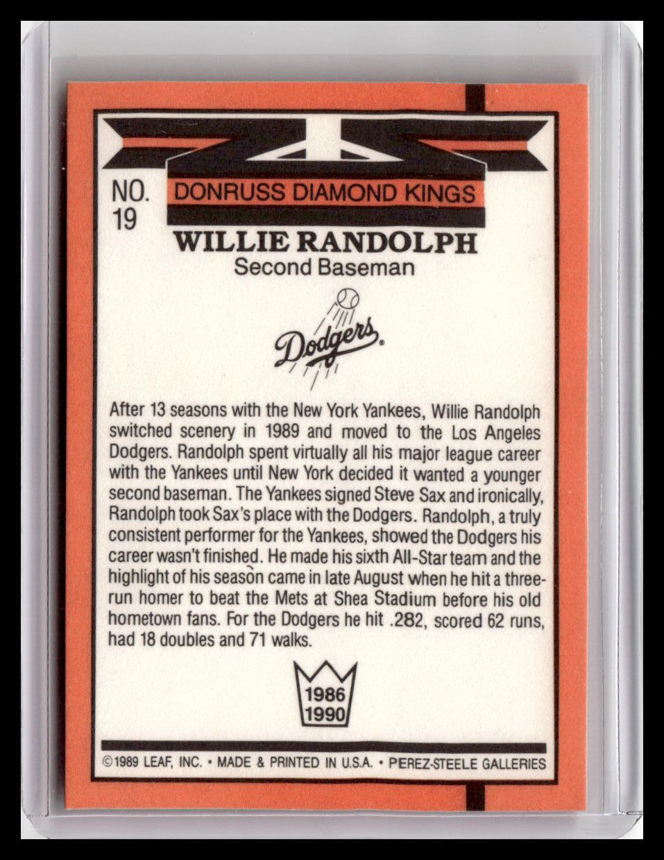 1990 Donruss Willie Randolph Diamond Kings #19
