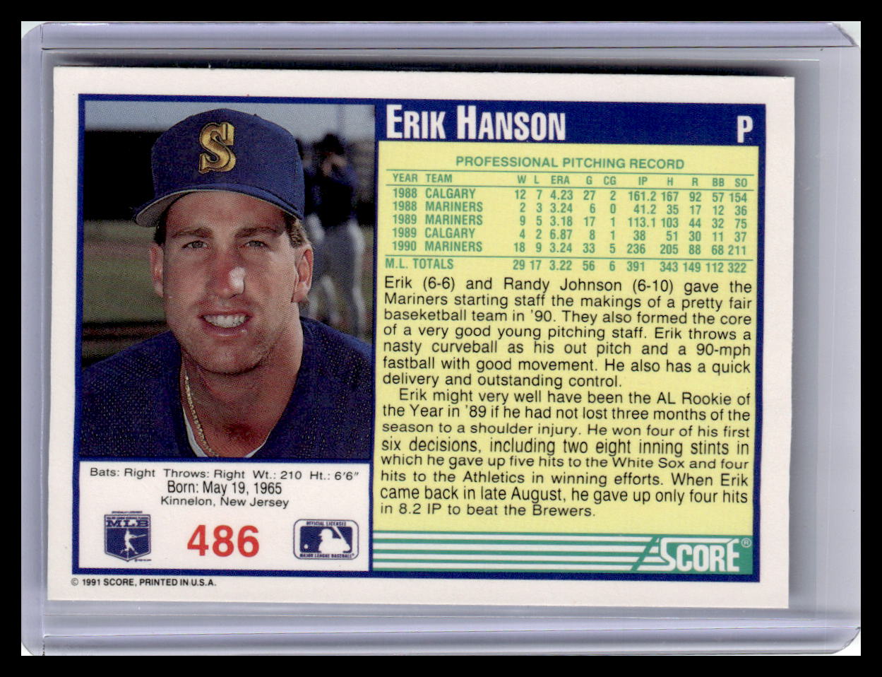 1991 Score Erik Hanson Blue Border #486