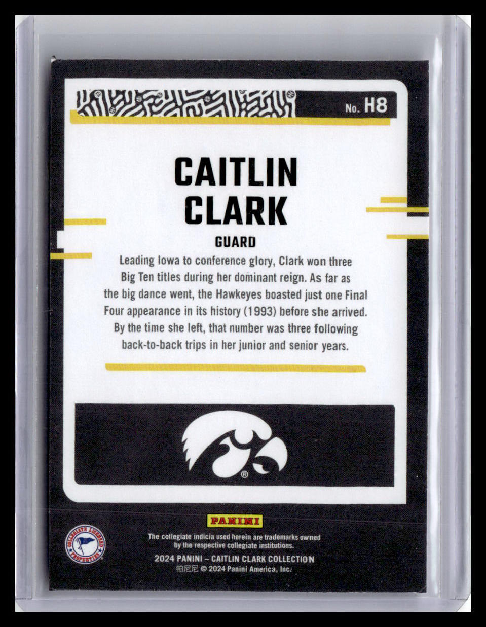 Trading card of Caitlin Clark with Iowa Hawkeyes logo