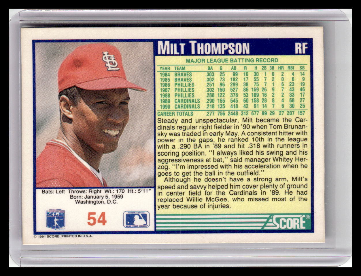 1991 Score Milt Thompson Blue Border #54