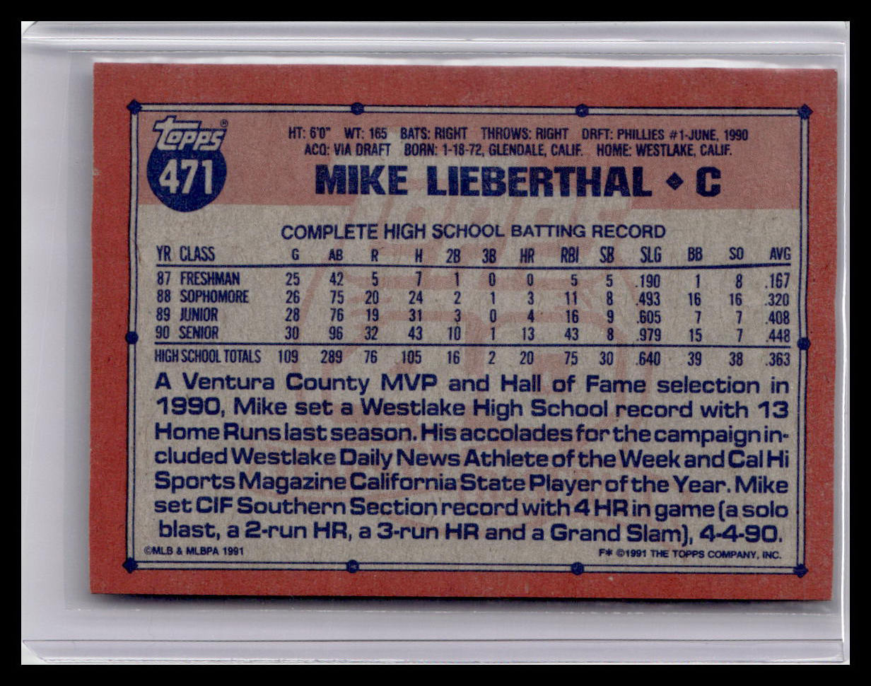 1991 Topps Mike Lieberthal #1 Draft Pick #471