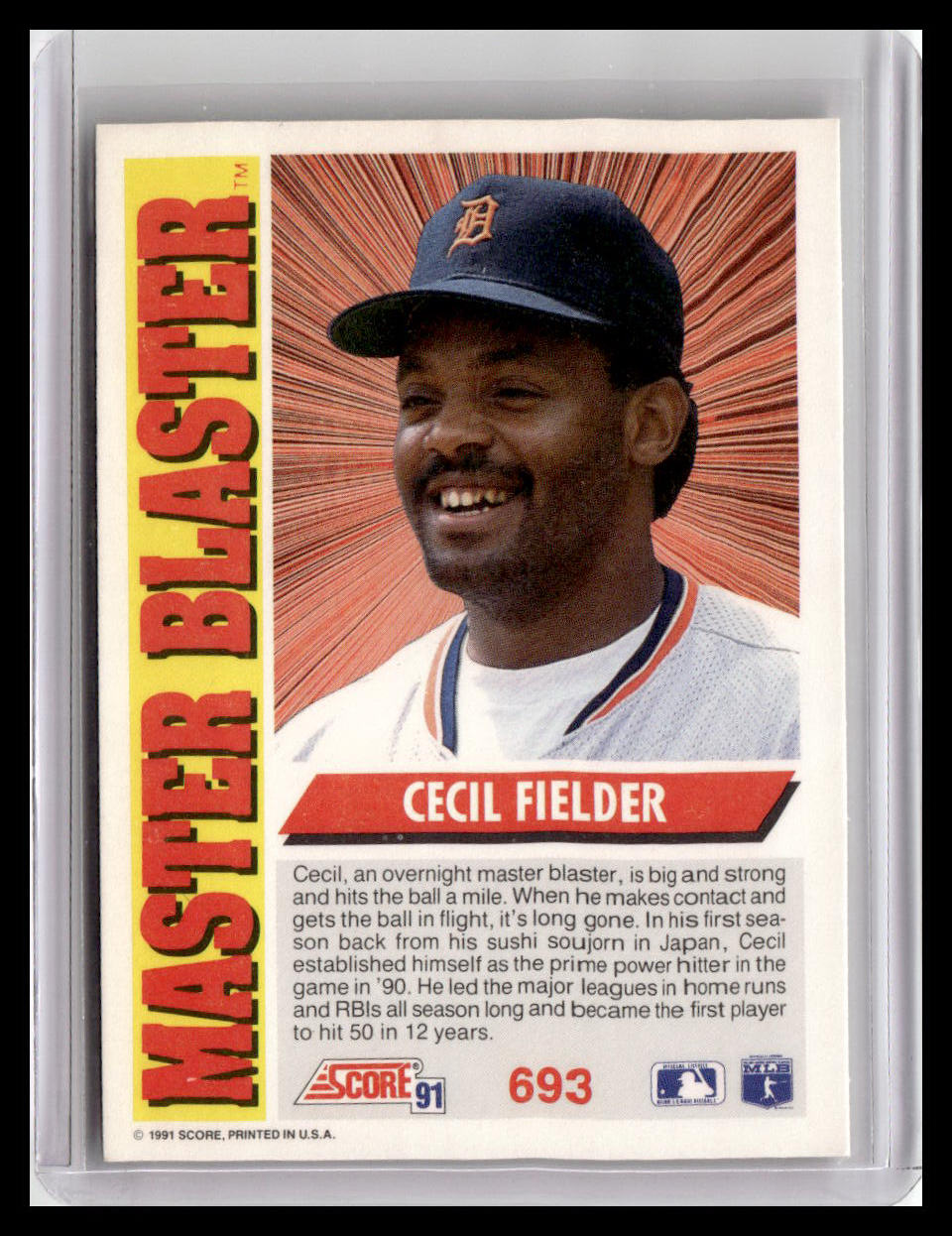 Baseball trading card of Cecil Fielder with 'Master Blaster' text and Score logo.