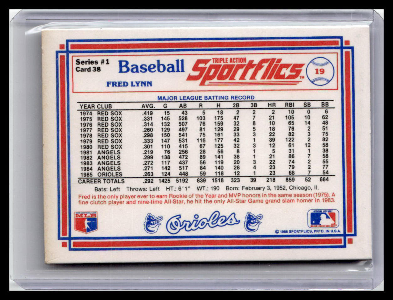 1986 Sportflics Fred Lynn #38 Baltimore Oriles