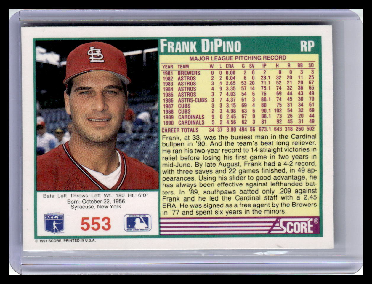 1991 Score Frank Dipino Teal Border #553