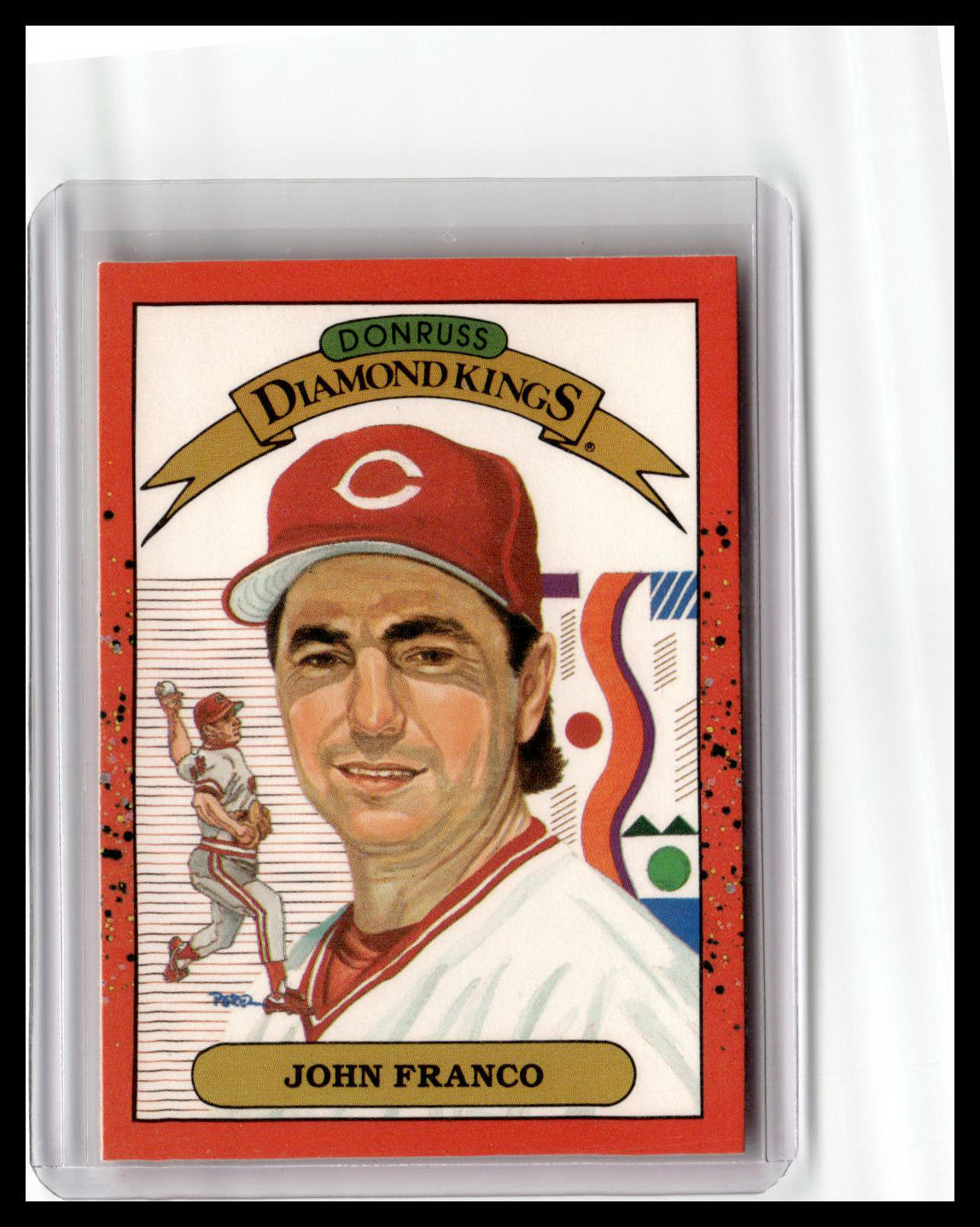 Baseball trading card featuring John Franco with a red cap and white uniform, framed by 'Donruss Diamond Kings' branding.