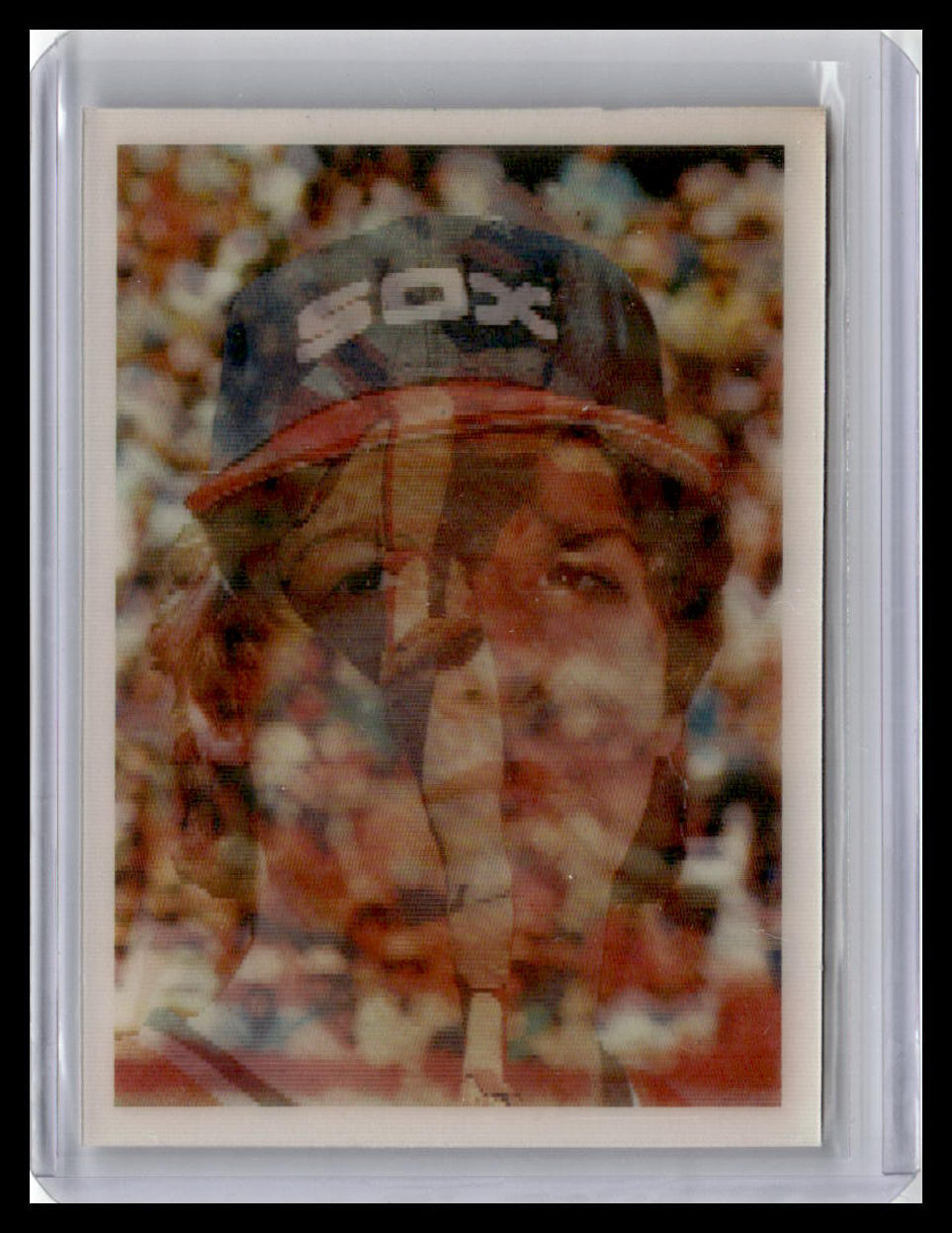 Baseball trading card of a player wearing a cap with 'Red Sox' branding, holding a bat.
