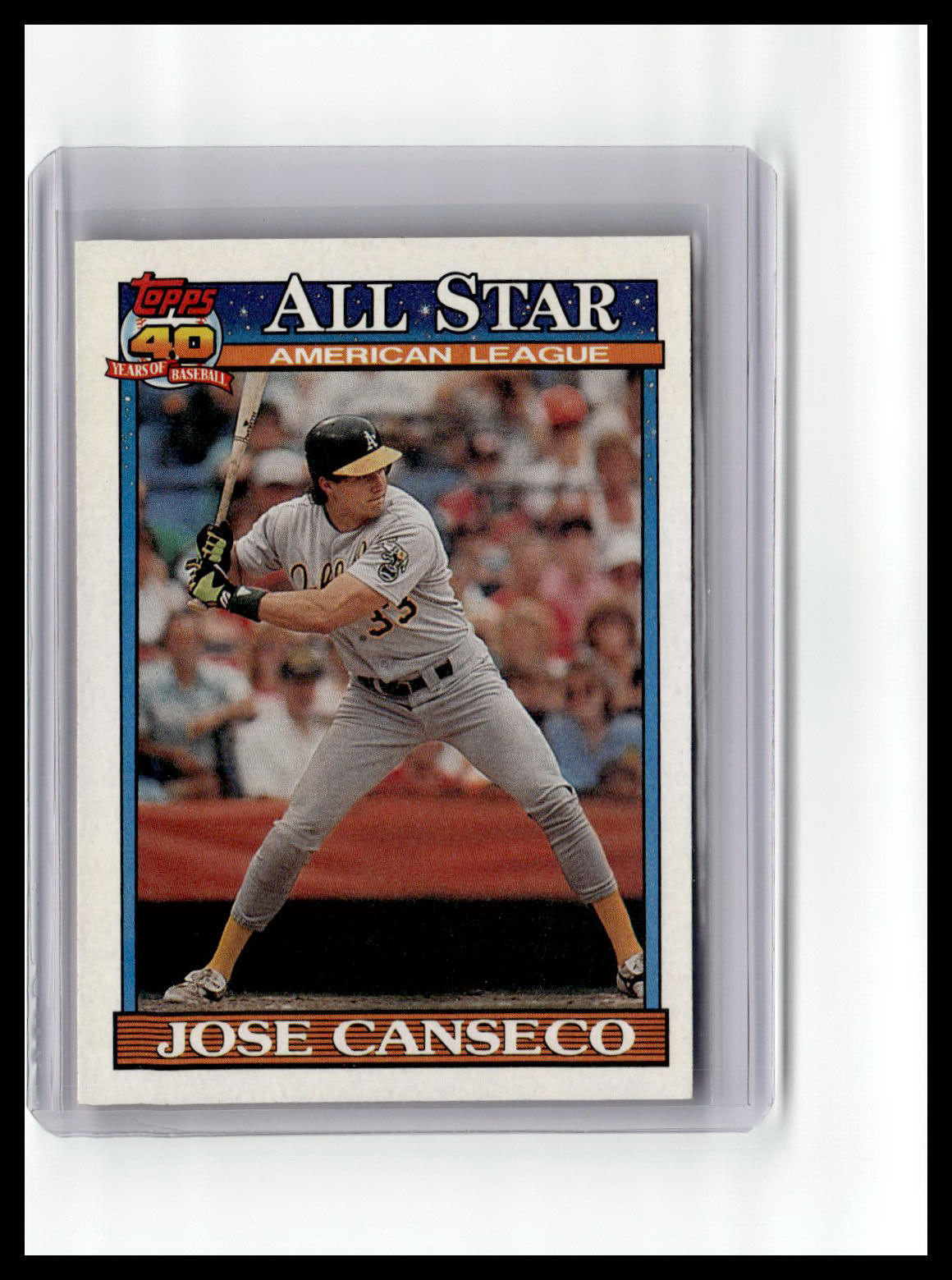 Baseball trading card of Jose Canseco in a protective case