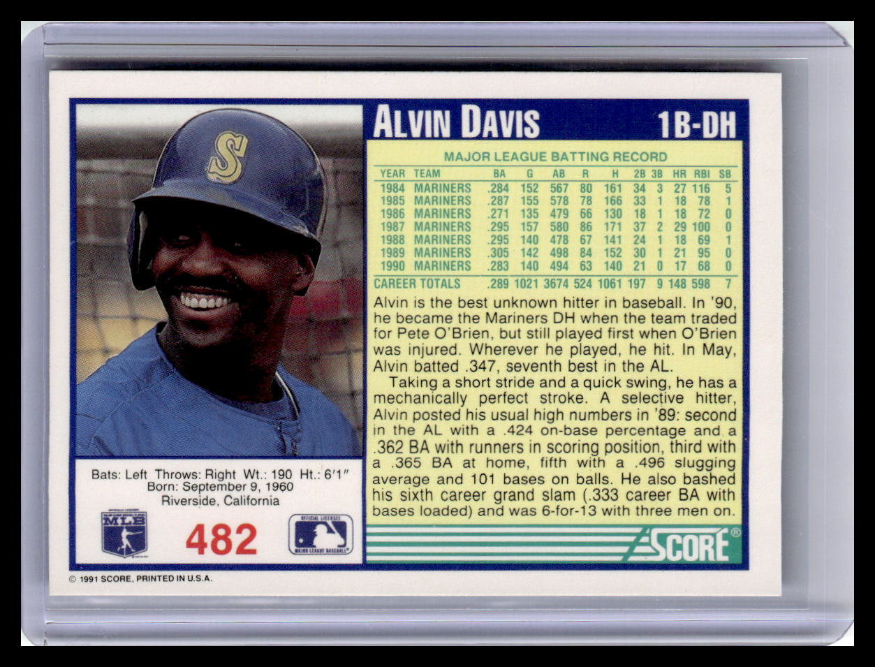 1991 Score Alvin Davis Blue Border #482