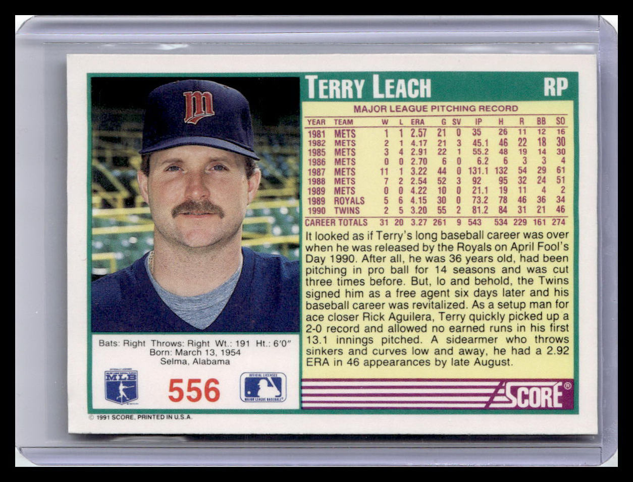 1991 Score Terry Leach Teal Border #556