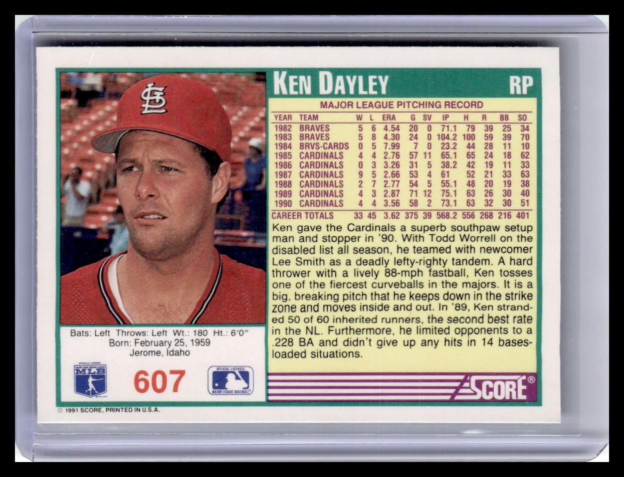1991 Score Ken Dayley Teal Border #607