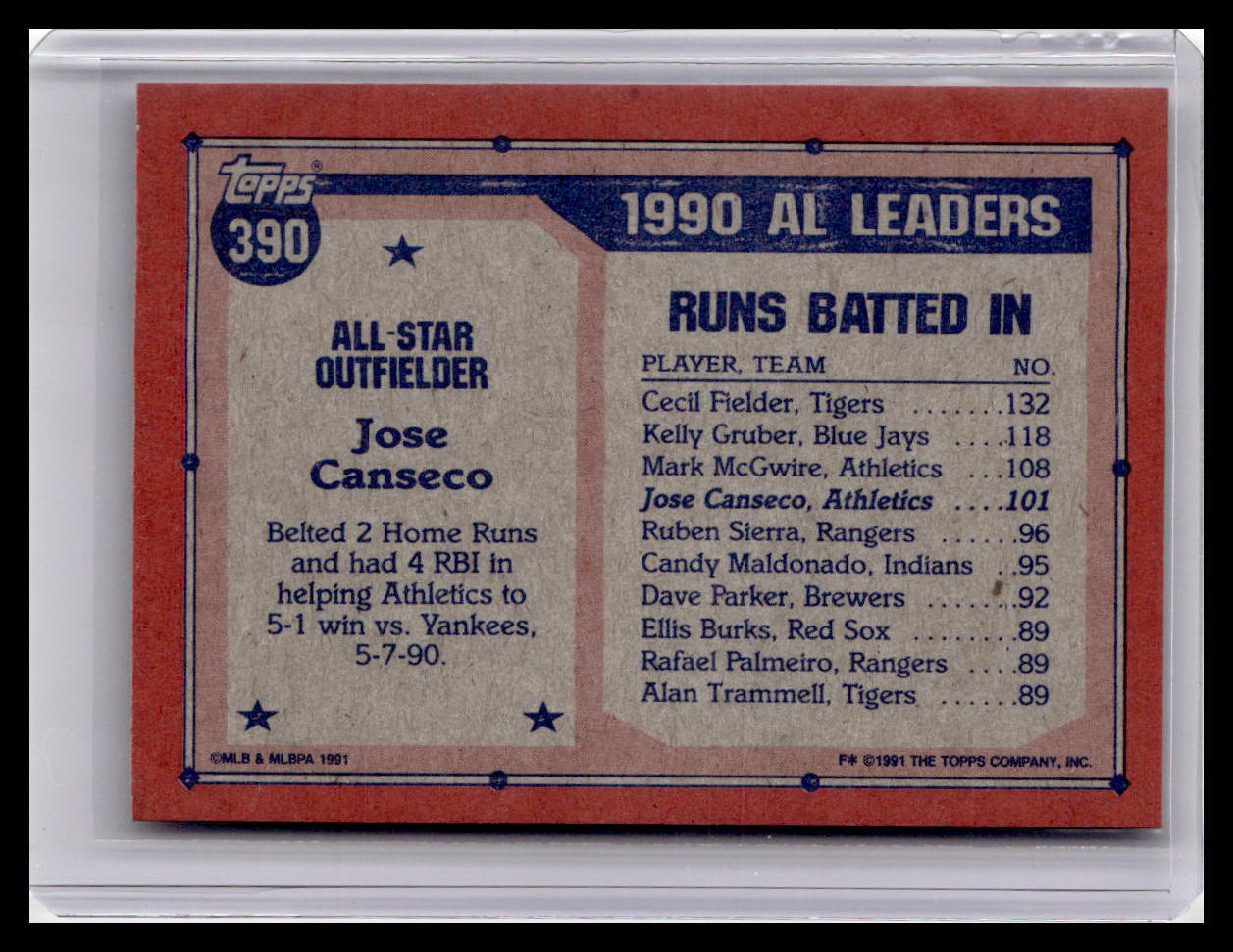 Baseball trading card featuring Jose Canseco's statistics from the 1990 All-Star Game