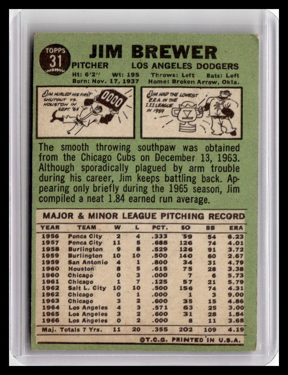 Baseball trading card of Jim Brewer for the Los Angeles Dodgers with player information and statistics.