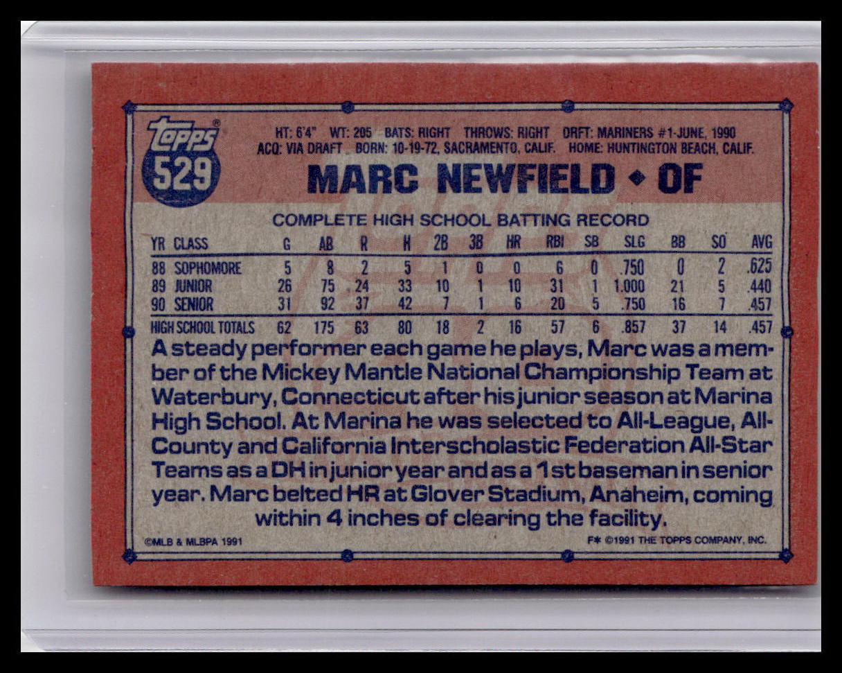 1991 Topps Marc Newfield #1 Draft Pick #529