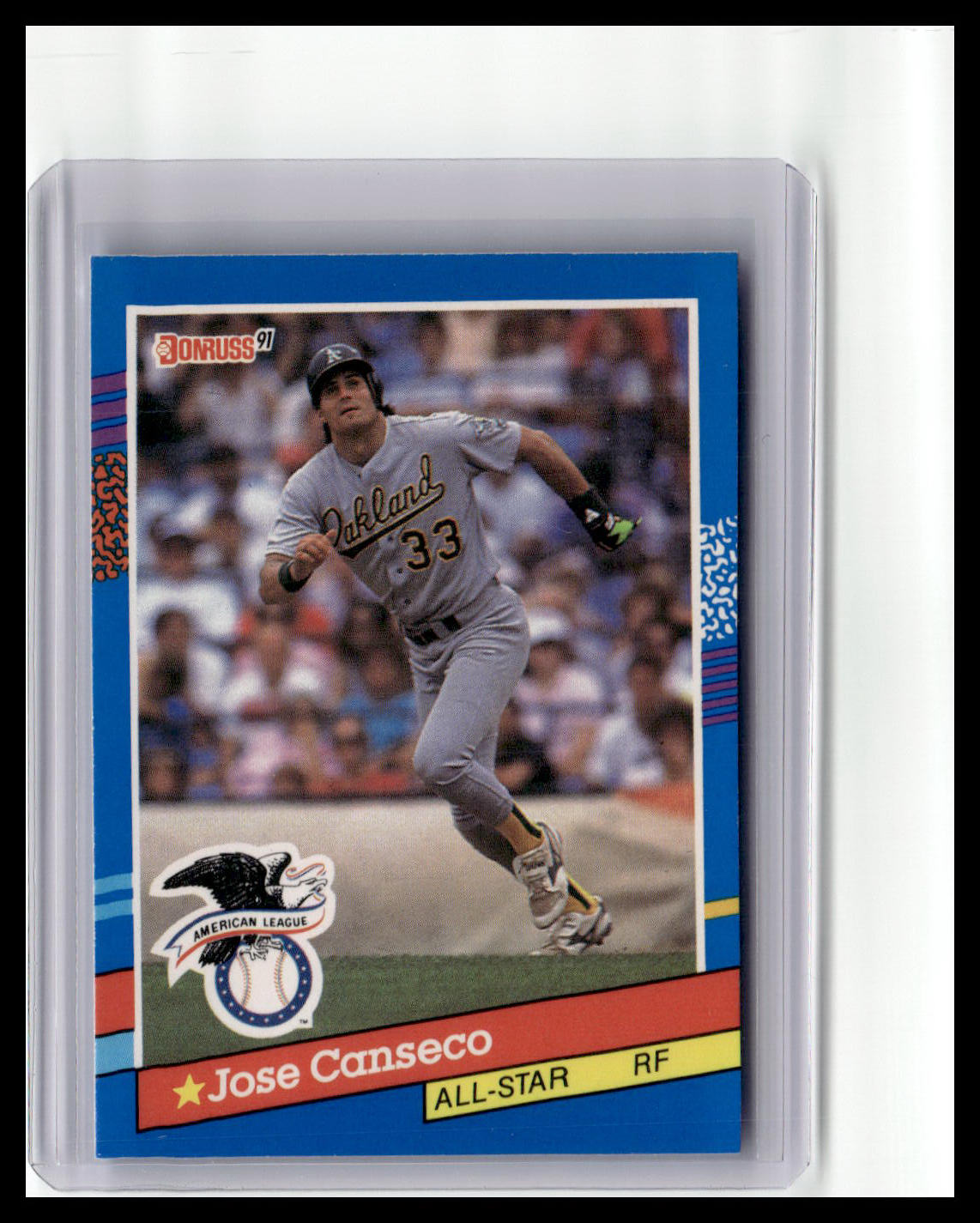 Baseball trading card of Jose Canseco with a blue border and Donruss logo.