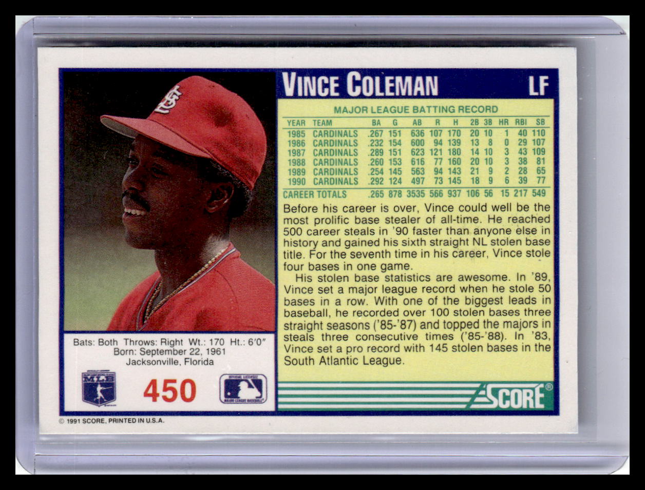 1991 Score Vince Coleman Blue Border #450