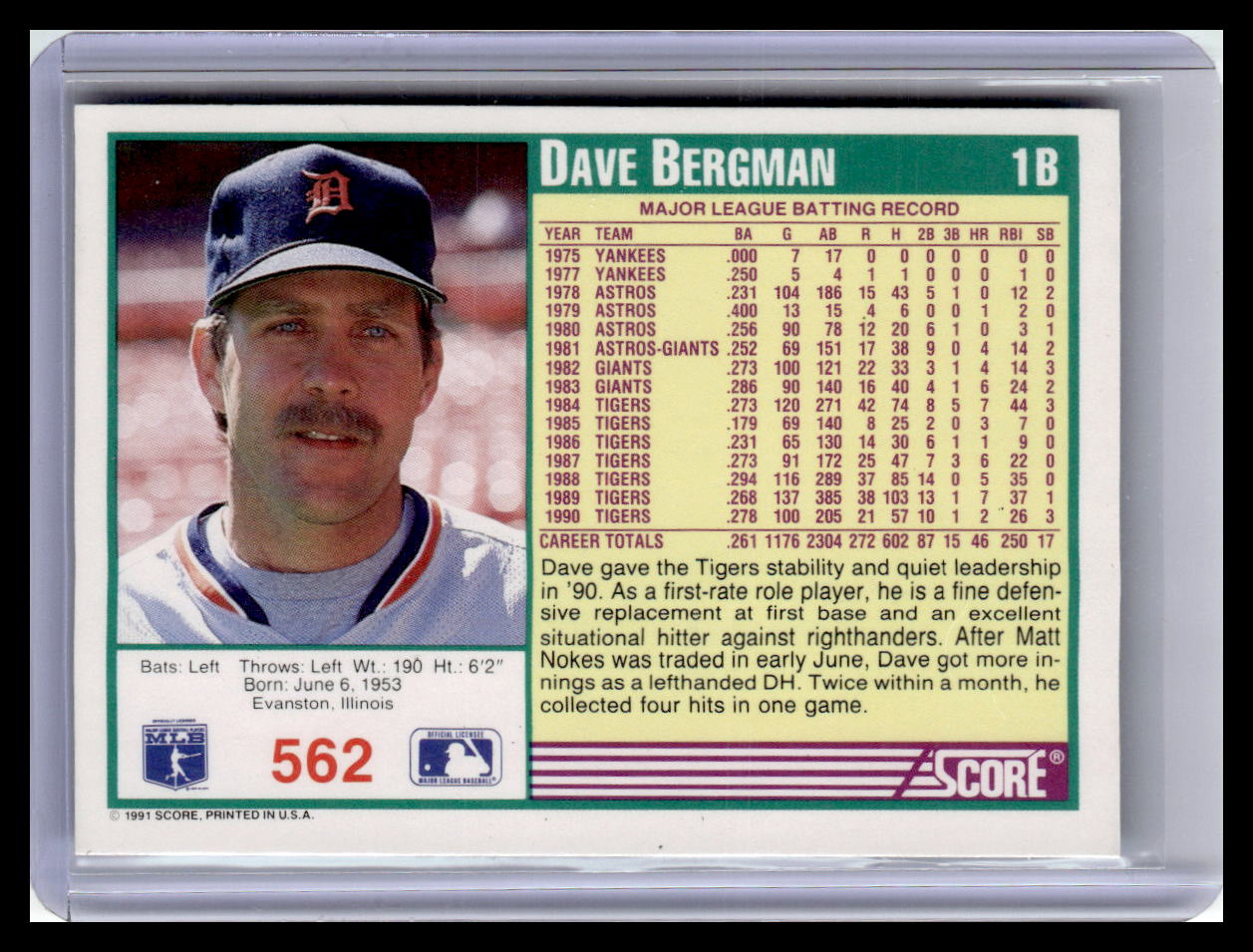 1991 Score Dave Bergman Teal Border #562