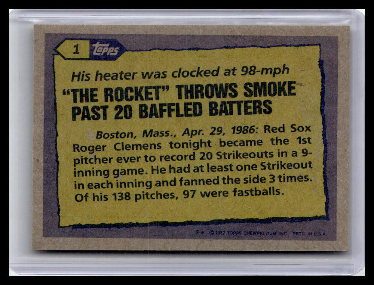 1987 Topps Roger Clemens – ’86 Record Breaker #1 (Error Card – see description)