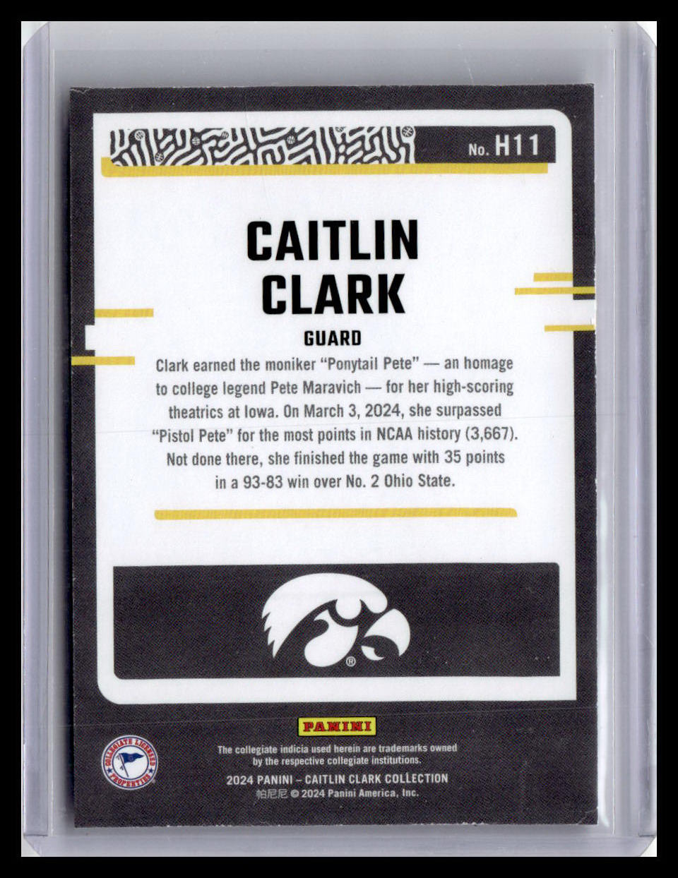 Trading card of Caitlin Clark with Iowa Hawkeyes logo