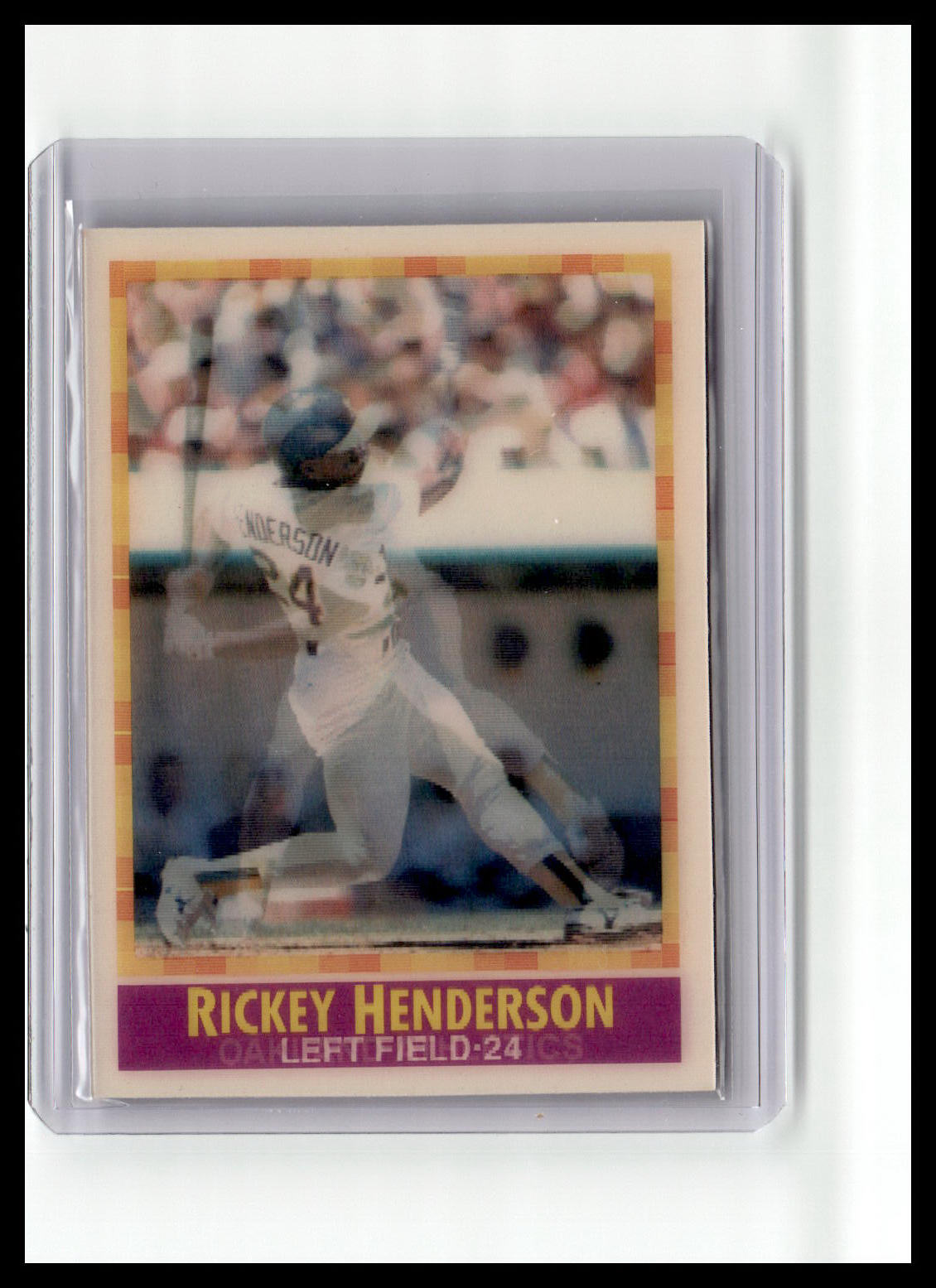 Baseball trading card of Rickey Henderson in a protective case