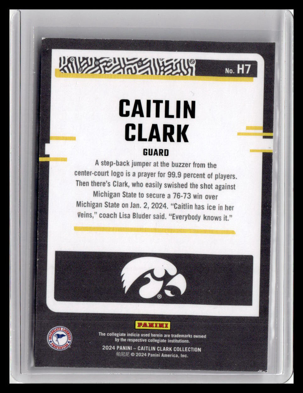 Trading card of Caitlin Clark with Iowa Hawkeyes logo