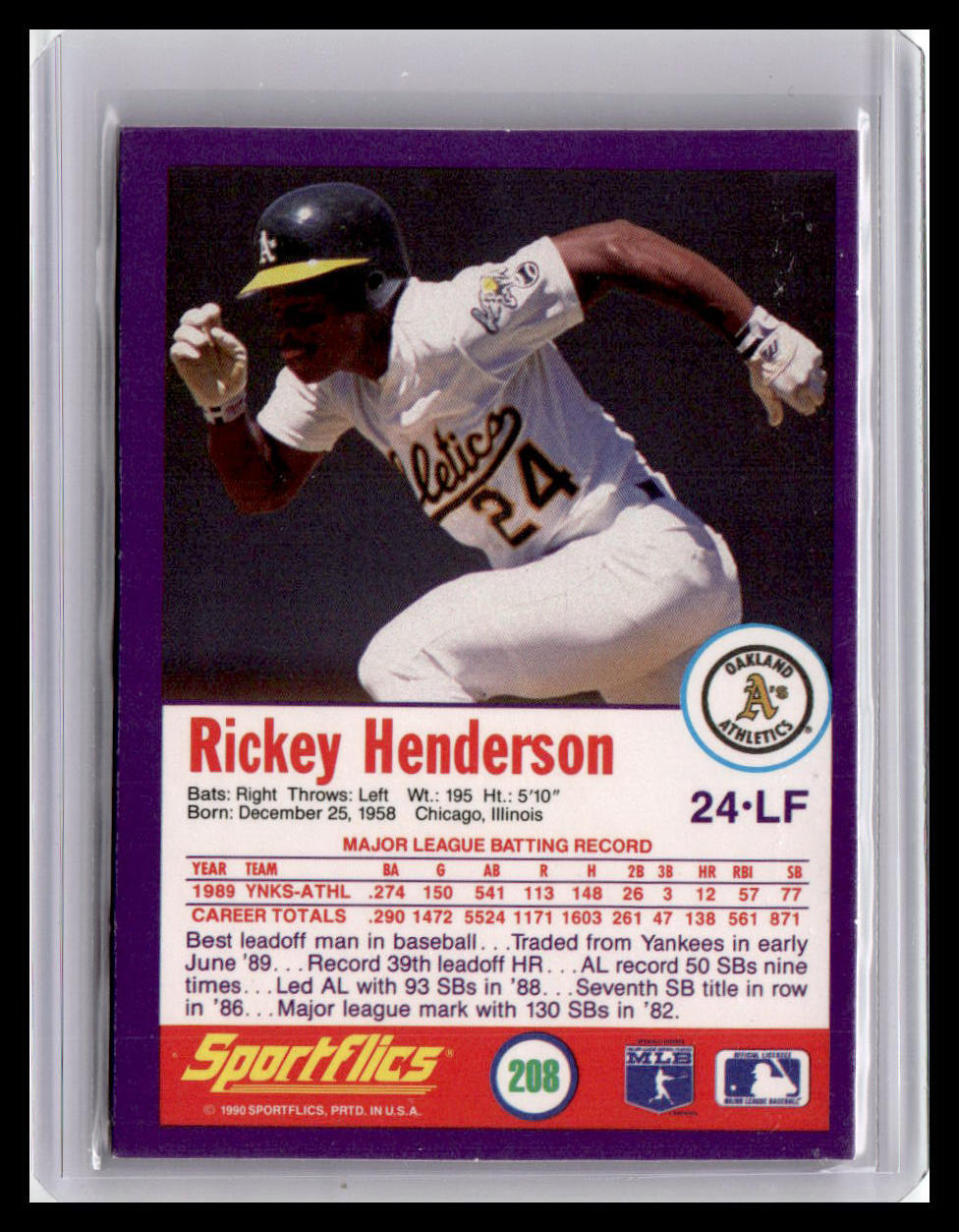Baseball trading card of Rickey Henderson with purple border