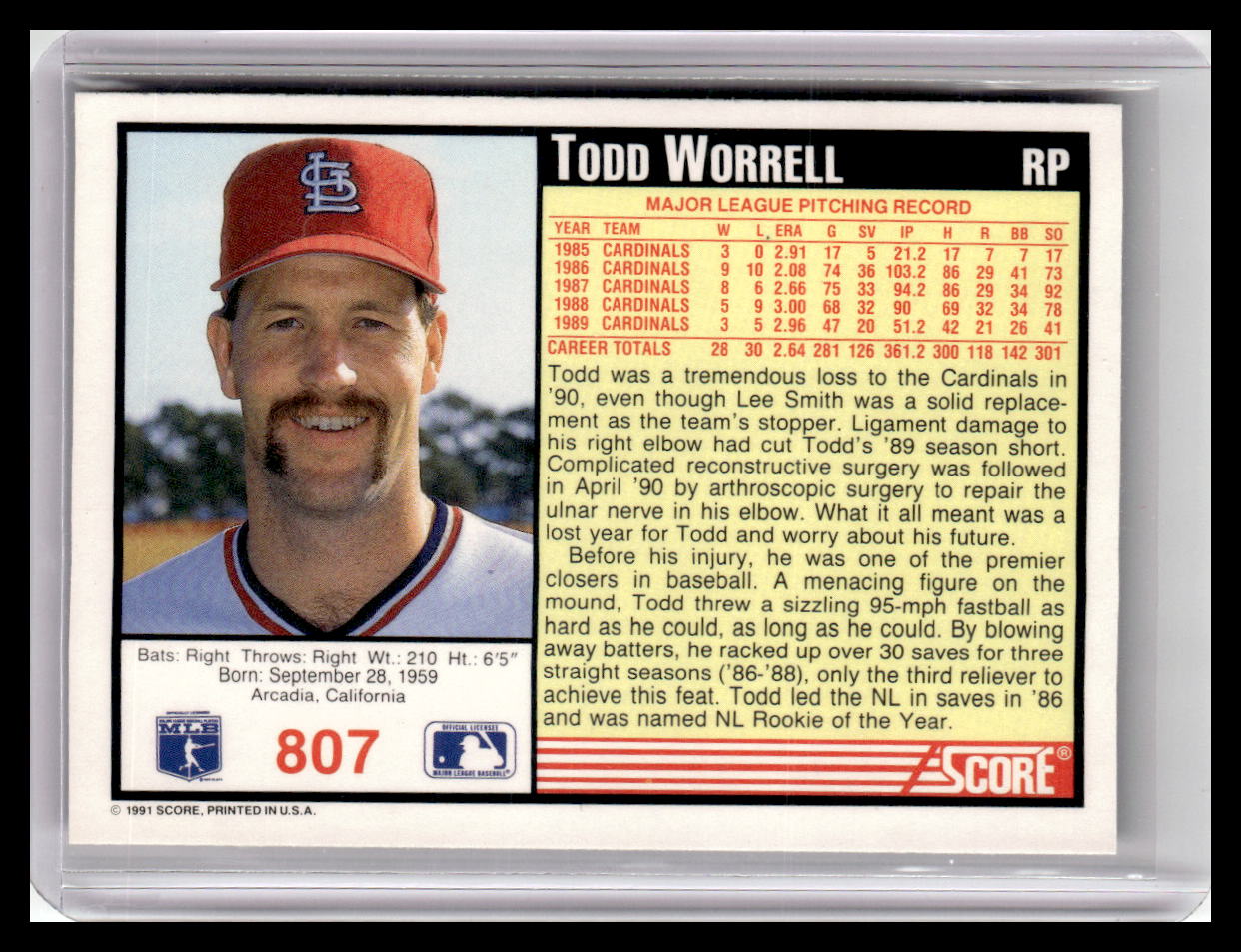 1991 Score Todd Worrell Black Border #807