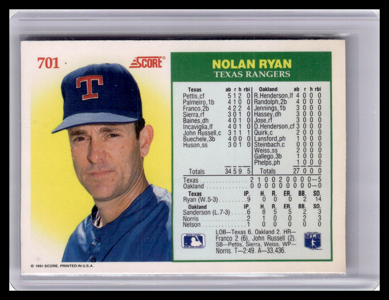 1991 Score Nolan Ryan No-Hit Club #701