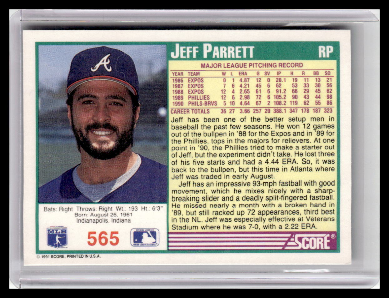 1991 Score Jeff Parrett Teal Border #565