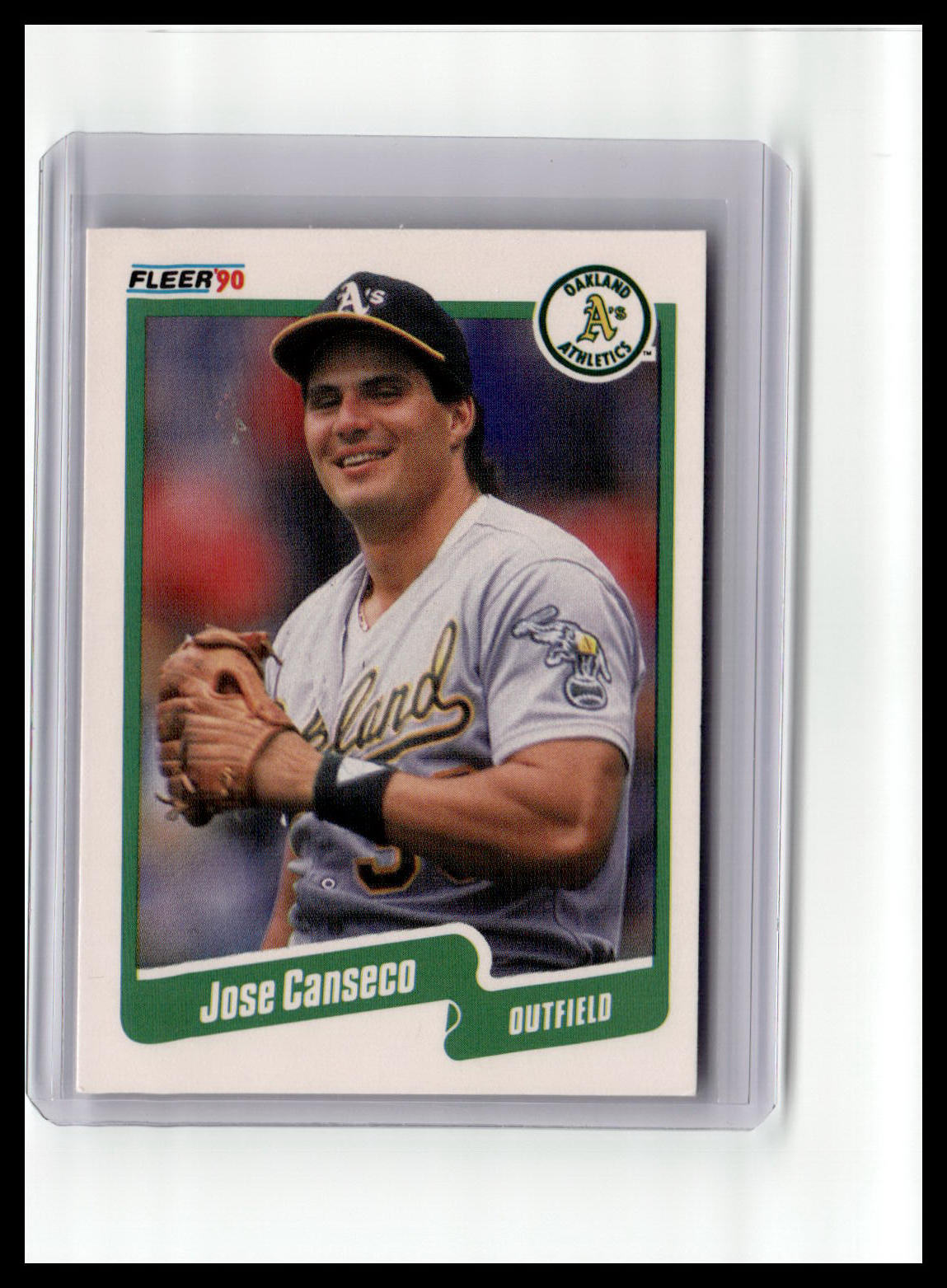 Baseball trading card of Jose Canseco in a protective case