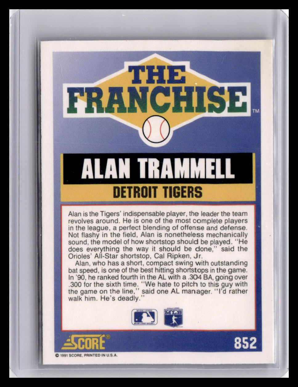 1991 Score Alan Trammell The Franchise #852