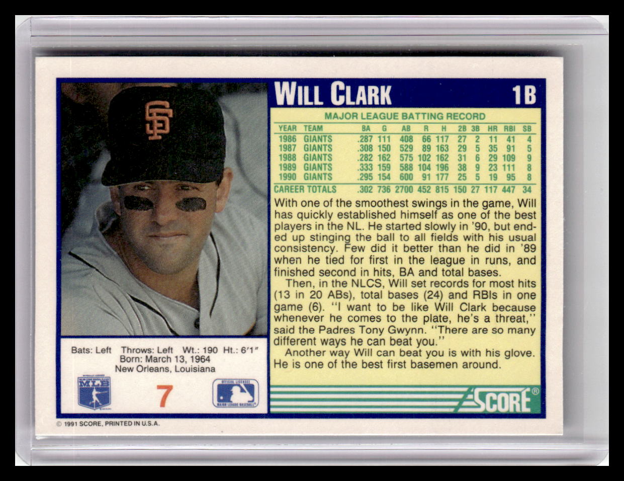 1991 Score Will Clark Blue Border #7