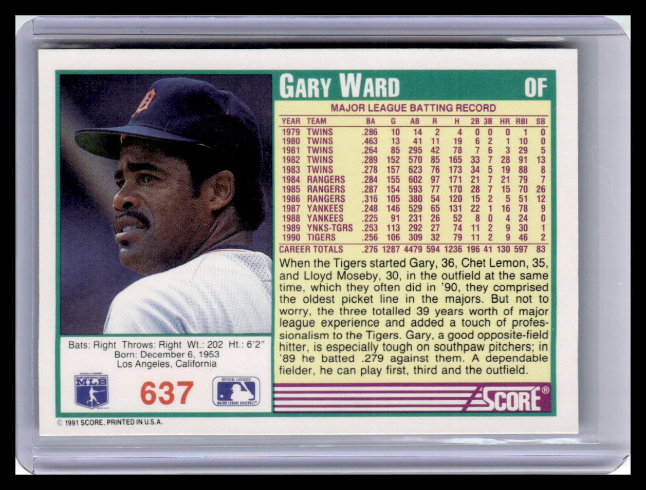 1991 Score Gary Ward Teal Border #637