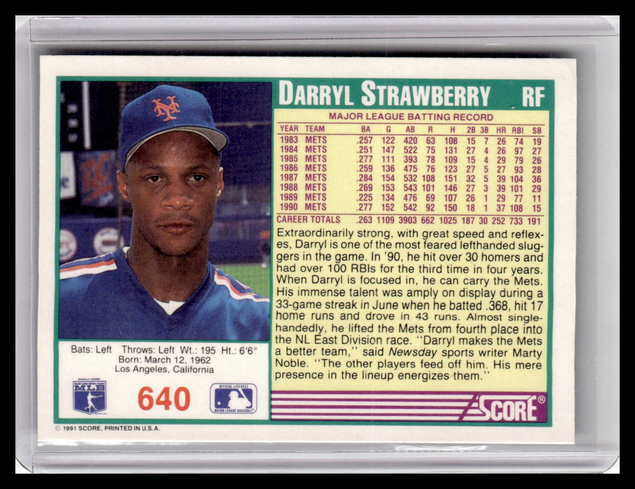 1991 Score Darryl Strawberry Teal Border #640