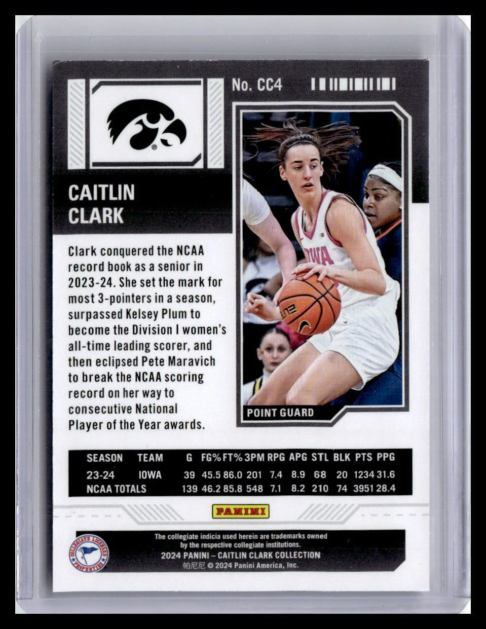 Basketball trading card of Caitlin Clark with player image and statistics on a white background