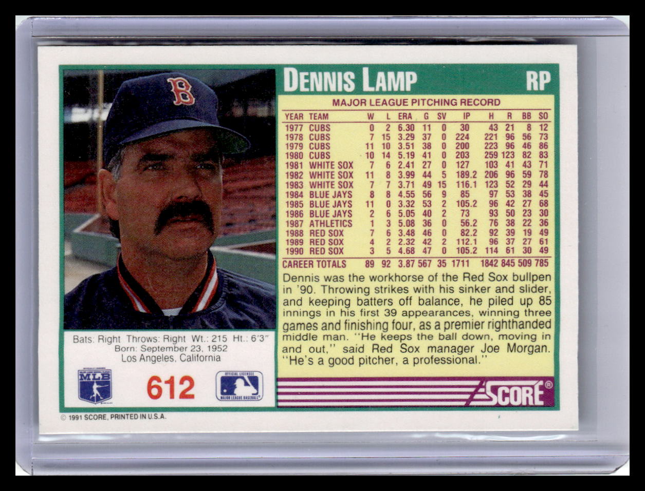1991 Score Dennis Lamp Teal Border #612