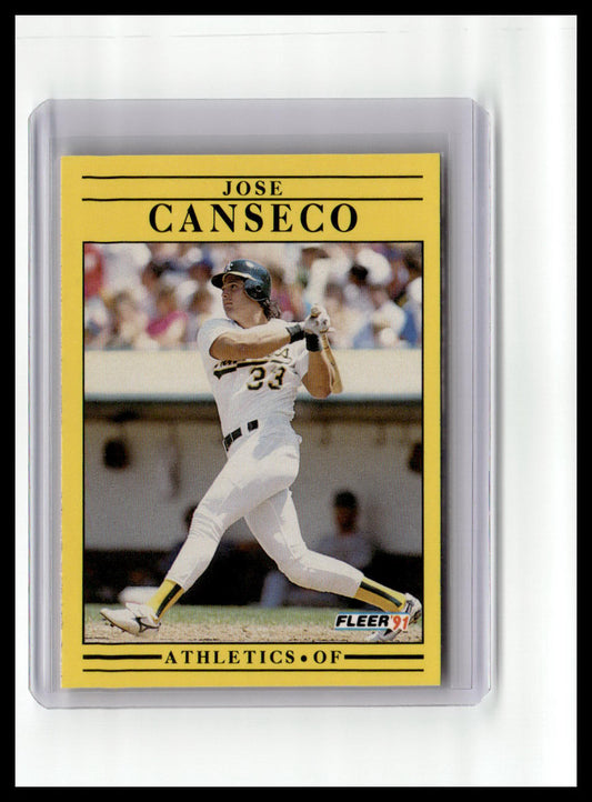 Baseball trading card of Jose Canseco with yellow border and Fleer logo.