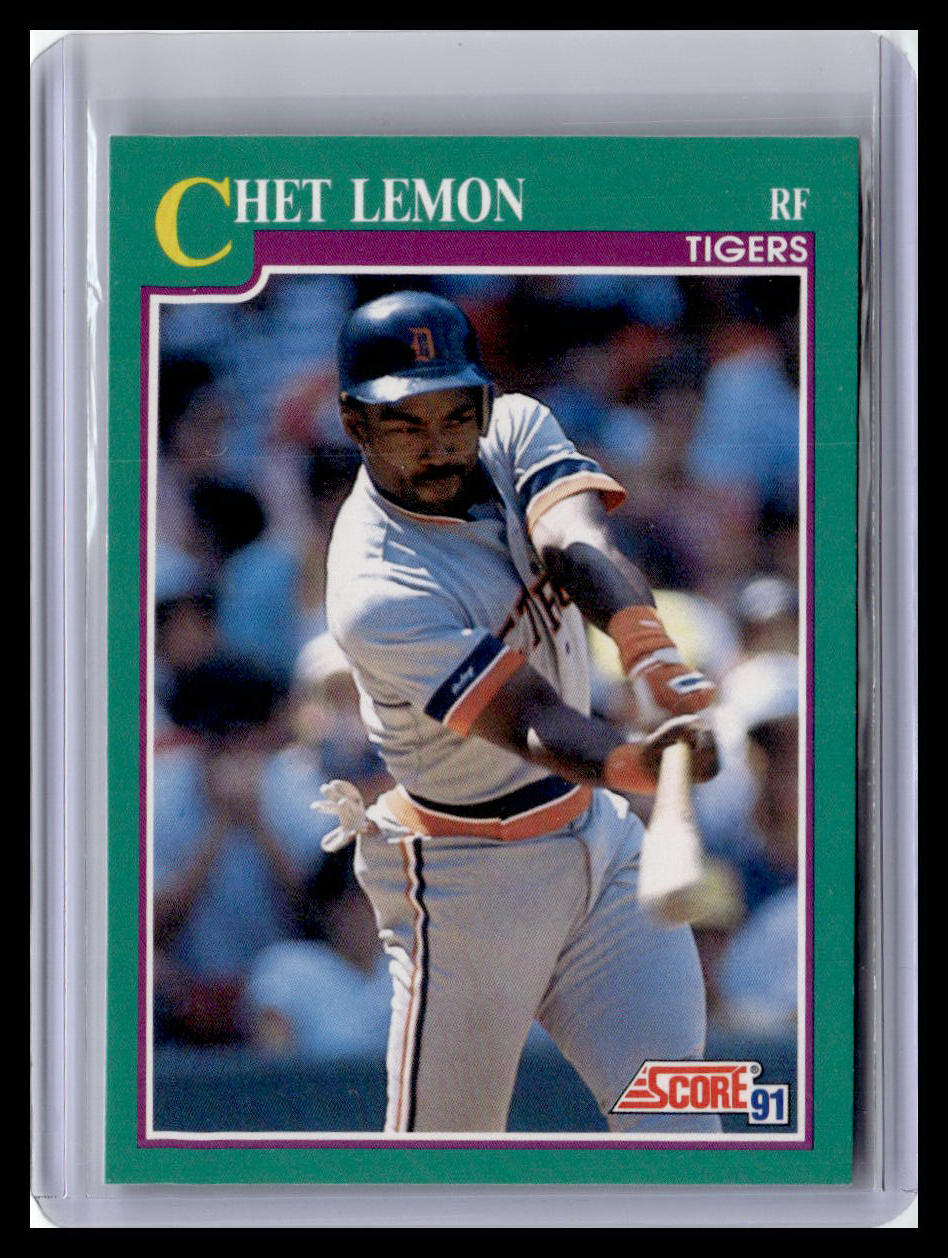 Baseball trading card of Chet Lemon with a green border and 'Score' logo.
