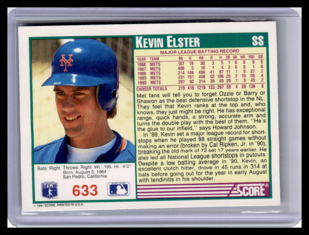 1991 Score Kevin Elster Teal Border #633