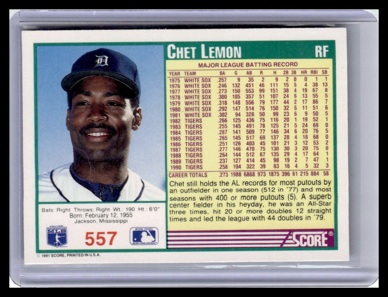 Baseball trading card of Chet Lemon with a player's profile and statistics on a blue background
